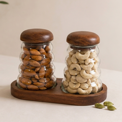 Premium Wavy Ripple Glass Jar Set of 2 with Handcrafted Wooden Lids and Serving Tray | Airtight Clear Glass Containers for Dry Fruits, Snacks, Spices, Tea & Coffee, 2 Jars & 1 Tray Combo
