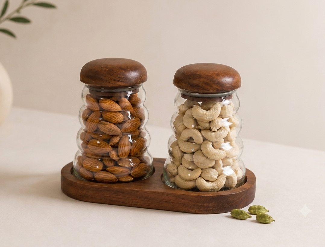 Premium Wavy Ripple Glass Jar Set of 2 with Handcrafted Wooden Lids and Serving Tray | Airtight Clear Glass Containers for Dry Fruits, Snacks, Spices, Tea & Coffee, 2 Jars & 1 Tray Combo