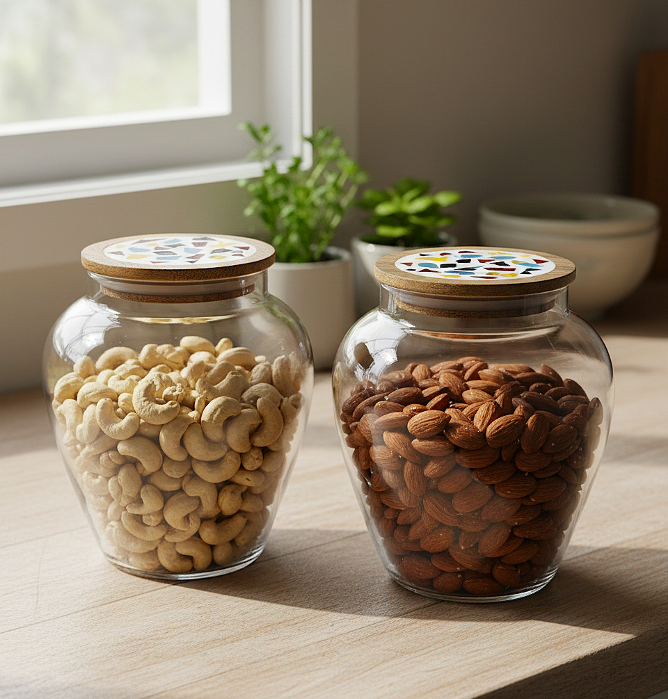 Classic Clear Glass Storage Jars with Wooden Lid – Premium Dry Fruit Containers