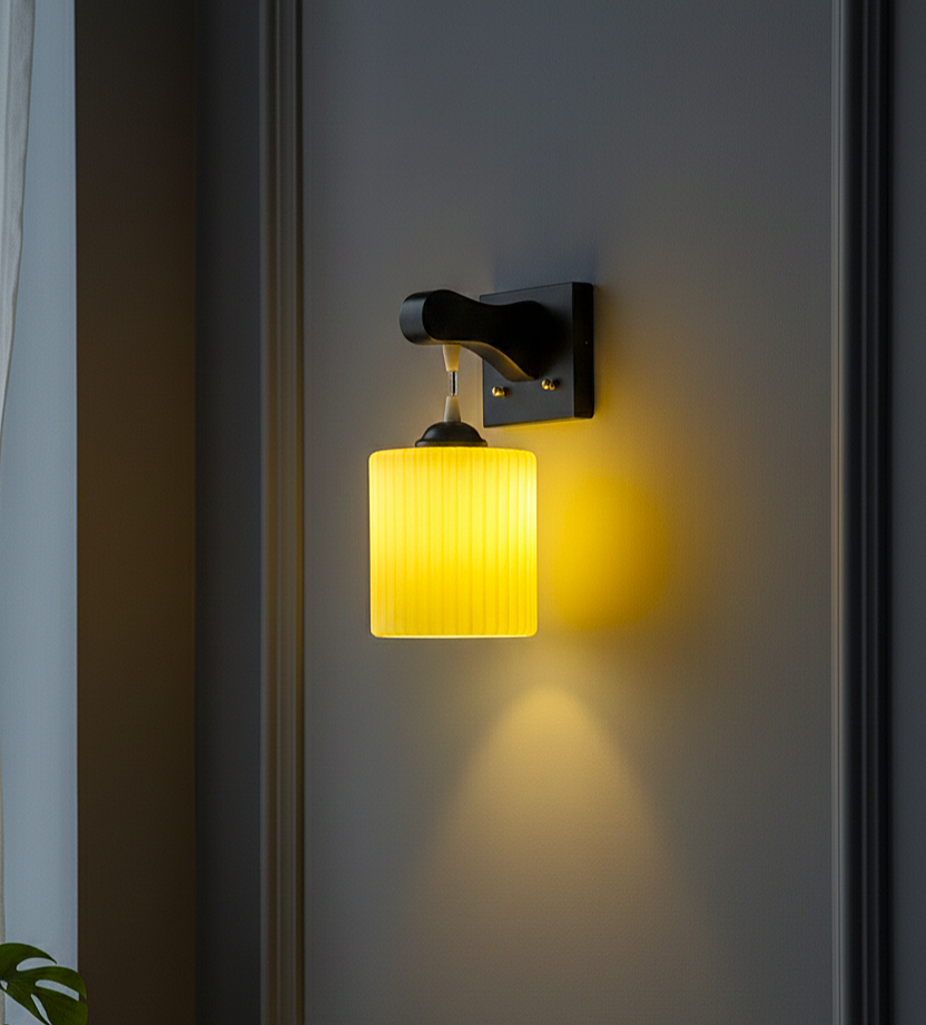 Ribbed Amber Glass Wall Sconce – Matte Black Base