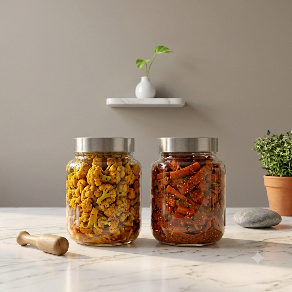 Premium Glass Spice and Pickle Jar Set of 2 – 1000ml Clear Storage Canisters with Airtight Stainless Steel Lids – Perfect for Kitchen Counter, Pantry Organization, Pickling, and Spices