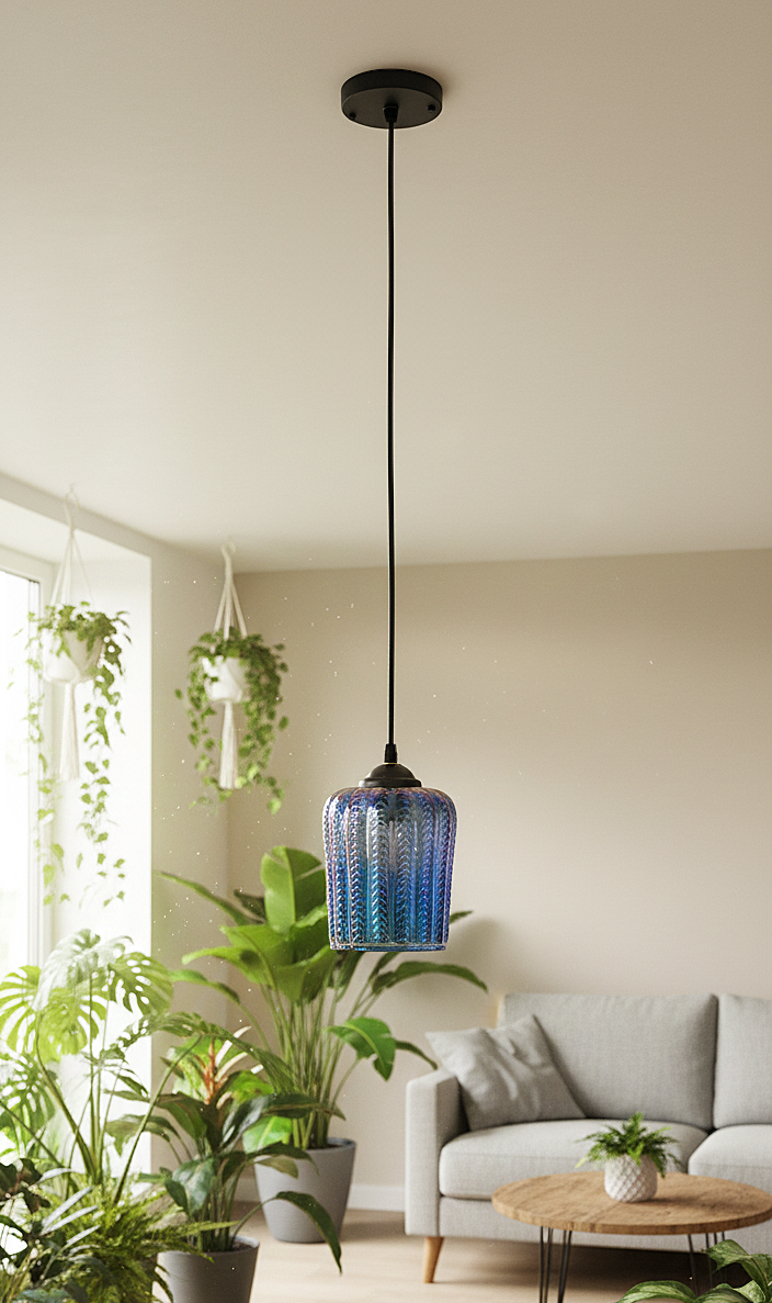 Blue Ribbed Glass Pendant Hanging Light