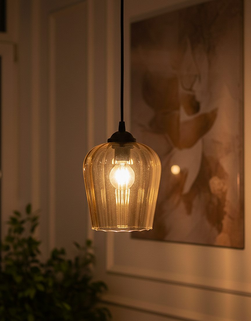 Amber Ribbed Glass Pendant Light