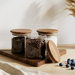 Premium  Glass Storage Jars with Airtight Wooden Lids & Tray (Set of 3) | 3-Piece Minimalist Food Canister Set for Kitchen Countertop & Pantry Organization | Ideal for Coffee Beans, Tea Leaves, Sugar, & Snacks