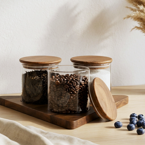 Premium  Glass Storage Jars with Airtight Wooden Lids & Tray (Set of 3) | 3-Piece Minimalist Food Canister Set for Kitchen Countertop & Pantry Organization | Ideal for Coffee Beans, Tea Leaves, Sugar, & Snacks