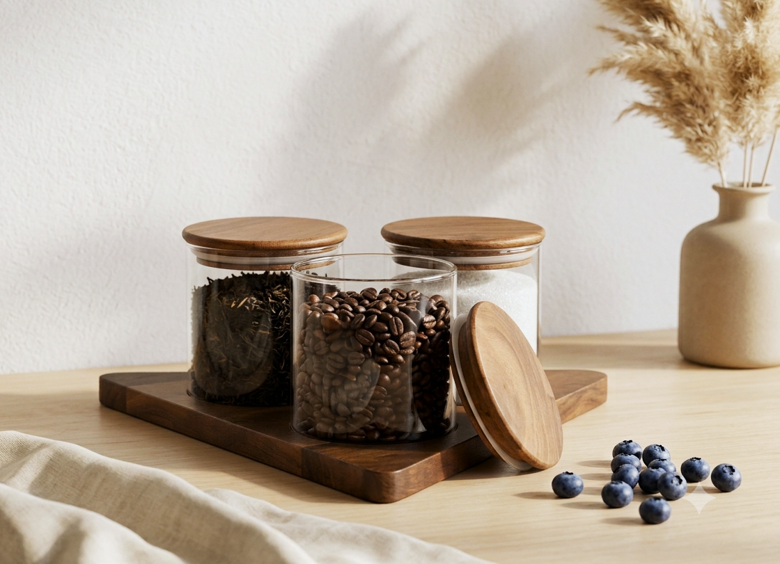 Premium  Glass Storage Jars with Airtight Wooden Lids & Tray (Set of 3) | 3-Piece Minimalist Food Canister Set for Kitchen Countertop & Pantry Organization | Ideal for Coffee Beans, Tea Leaves, Sugar, & Snacks