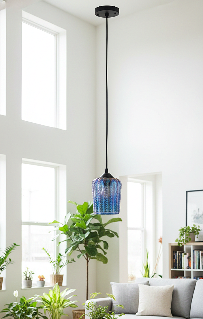 Blue Ribbed Glass Pendant Hanging Light