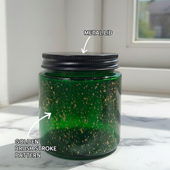 Luxury Golden Brush Stroke Patterned Soy Wax Candle With Black Metal Lid (Green)