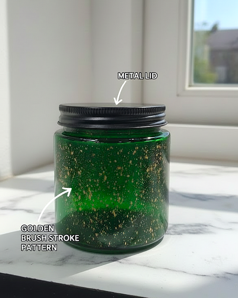 Luxury Golden Brush Stroke Patterned Soy Wax Candle With Black Metal Lid (Green)