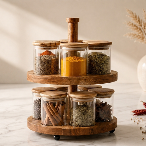 Art of Glass Premium 12-Piece Glass Spice Jar Set with 2-Tier Wooden Stand | Aesthetic Countertop Rotating Spice Organizer with Airtight Wooden Lids