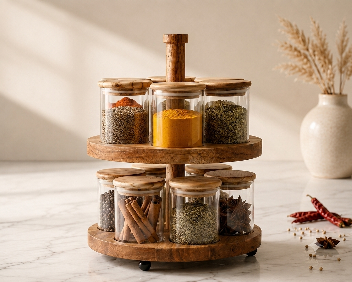 Art of Glass Premium 12-Piece Glass Spice Jar Set with 2-Tier Wooden Stand | Aesthetic Countertop Rotating Spice Organizer with Airtight Wooden Lids