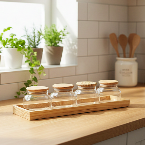 Minimalist Glass Spice Jar Set With Wooden Airtight Lid & Wooden Tray [SET OF 4]