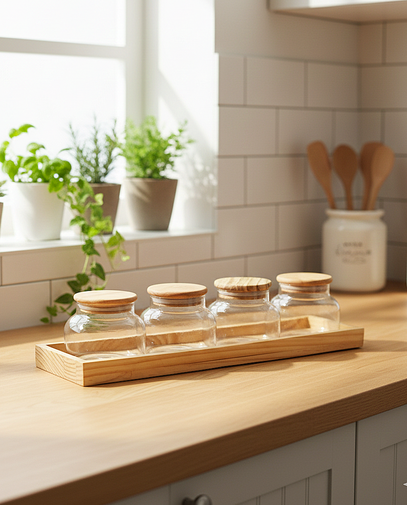 Minimalist Glass Spice Jar Set with Wooden Tray