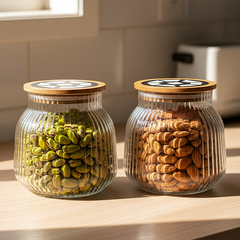 Ribbed Glass Storage Jars with Wooden Lid – Elegant & Airtight Kitchen Essentials