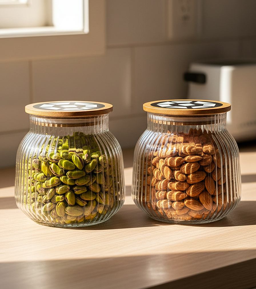 Ribbed Glass Storage Jars with Wooden Lid – Elegant & Airtight Kitchen Essentials