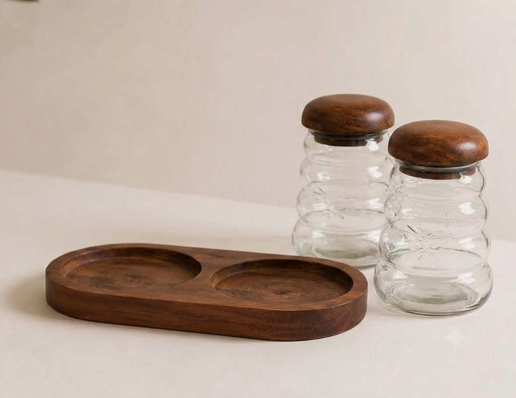Premium Wavy Ripple Glass Jar Set of 2 with Handcrafted Wooden Lids and Serving Tray | Airtight Clear Glass Containers for Dry Fruits, Snacks, Spices, Tea & Coffee, 2 Jars & 1 Tray Combo