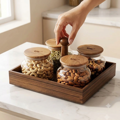 4-Piece Premium Glass Nut Jar Set with Wooden Lazy Susan Organizer Tray