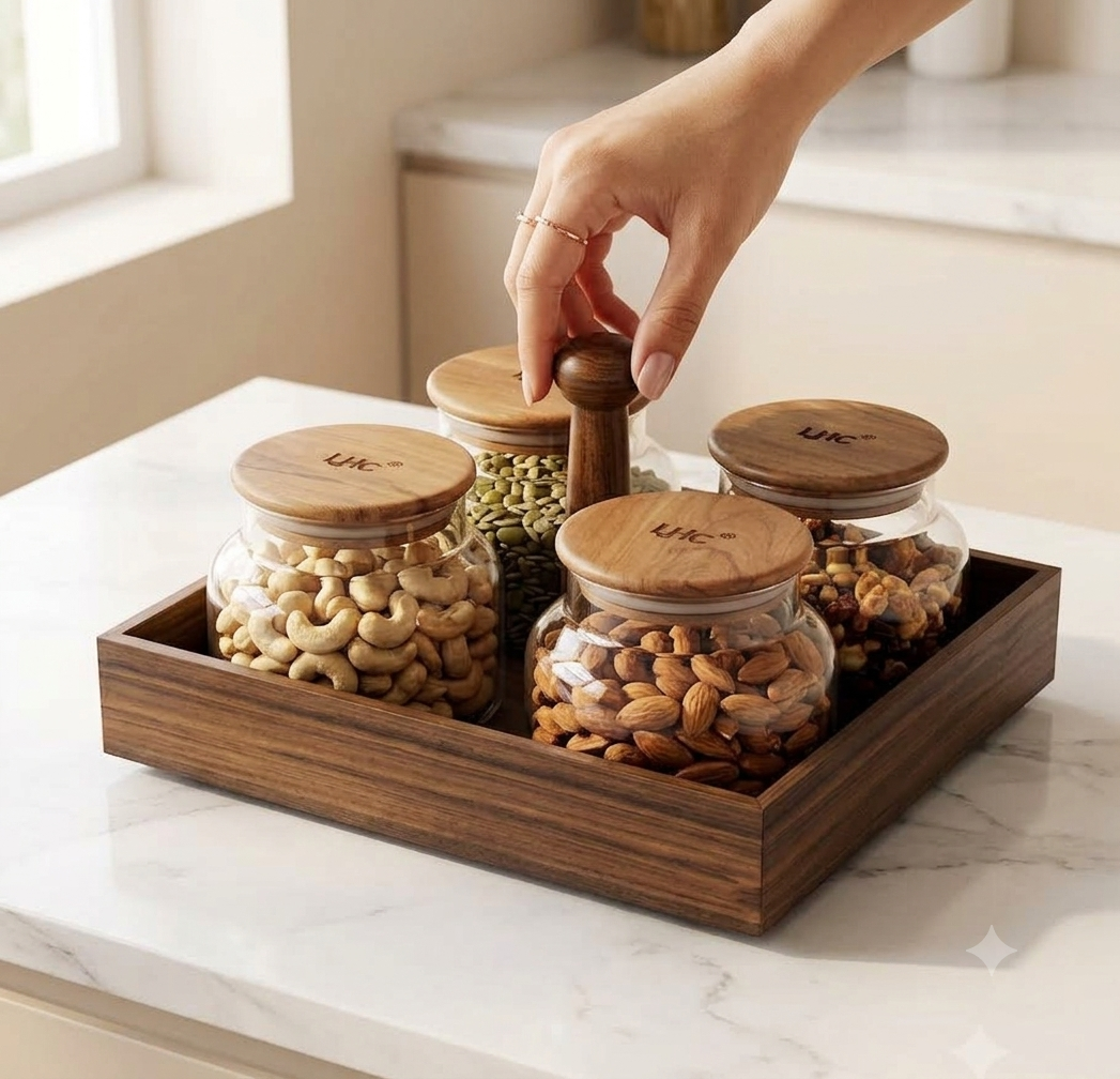 4-Piece Premium Glass Nut Jar Set with Wooden Lazy Susan Organizer Tray