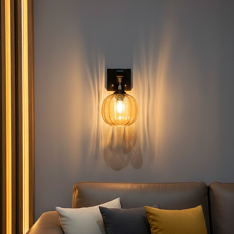 Amber Luminous Ribbed Globe Wall Lamp