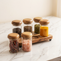 Premium 6-Piece Glass Spice Jar Set with Natural Wooden Tray and Airtight Lids | Clear Borosilicate Glass Food Storage Containers for Spices, Masalas, Dry Fruits, and Kitchen Pantry Organization