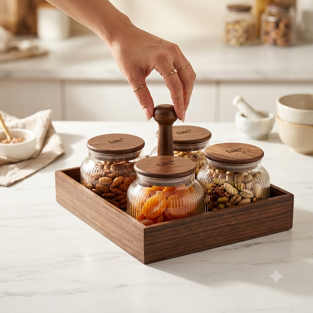 Premium 4-Piece Fluted Glass Jar Storage Set with Airtight Walnut Wood Lids & Serving Organizer Tray | Multi-Purpose  Glass Containers for Dry Fruits, Snacks, Spices & Dining Table Serving (Pack of 4)