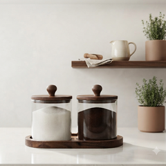 Premium Glass Storage Canister Set of 2 with Matching Acacia Wood Lids and Base Tray – Airtight  Kitchen Jar Organizer for Coffee, Sugar, Tea, Spices, and Countertop Decor