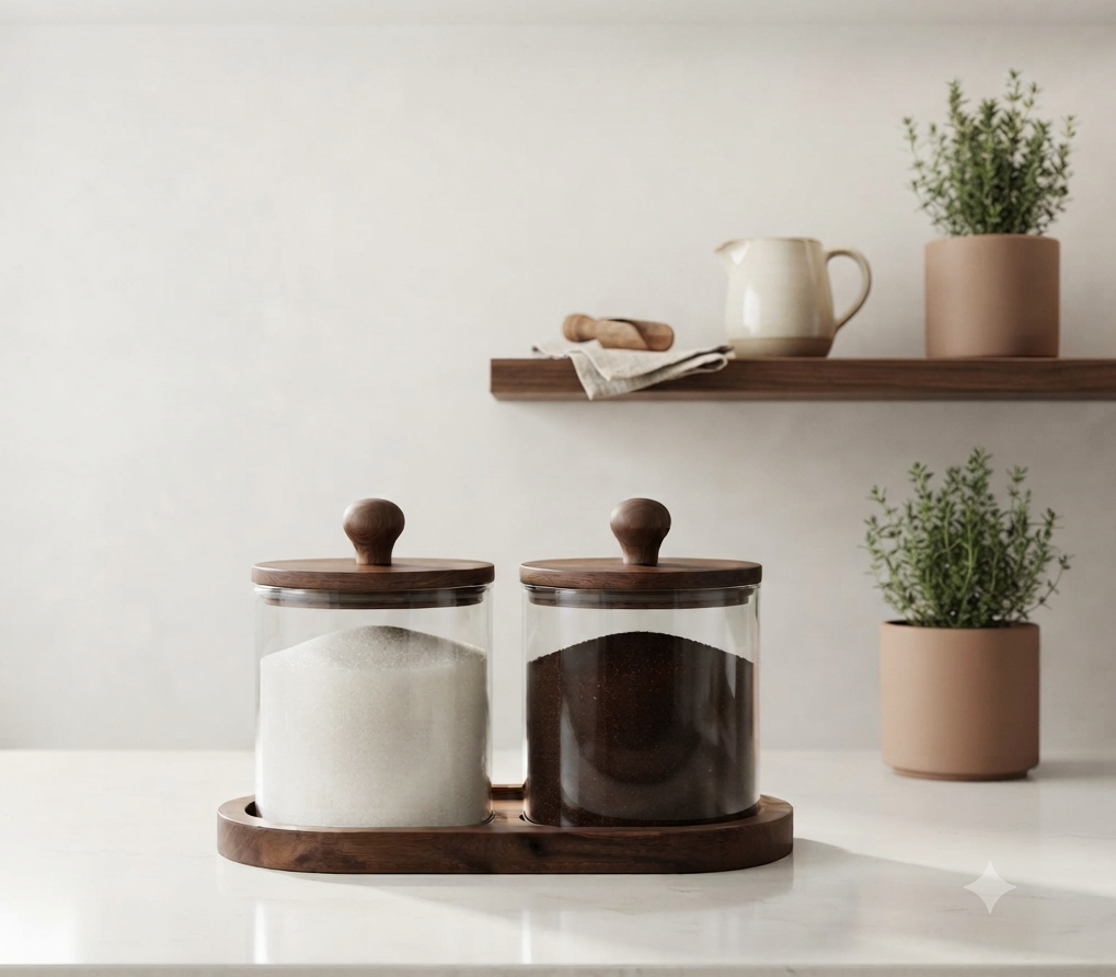 Premium Glass Storage Canister Set of 2 with Matching Acacia Wood Lids and Base Tray – Airtight  Kitchen Jar Organizer for Coffee, Sugar, Tea, Spices, and Countertop Decor