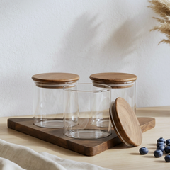 Premium  Glass Storage Jars with Airtight Wooden Lids & Tray (Set of 3) | 3-Piece Minimalist Food Canister Set for Kitchen Countertop & Pantry Organization | Ideal for Coffee Beans, Tea Leaves, Sugar, & Snacks