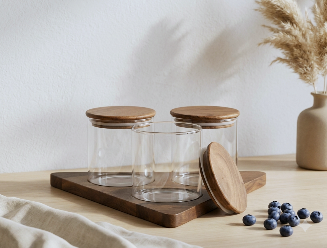 Premium  Glass Storage Jars with Airtight Wooden Lids & Tray (Set of 3) | 3-Piece Minimalist Food Canister Set for Kitchen Countertop & Pantry Organization | Ideal for Coffee Beans, Tea Leaves, Sugar, & Snacks