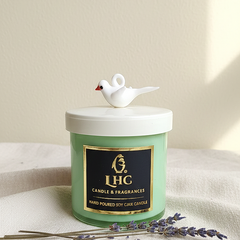 Modern Soy Wax Glass Candle With White Glass Lid Topped With White Bird [Mint Green]
