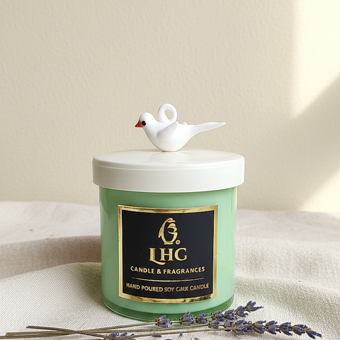 Modern Soy Wax Glass Candle With White Glass Lid Topped With White Bird [Mint Green]