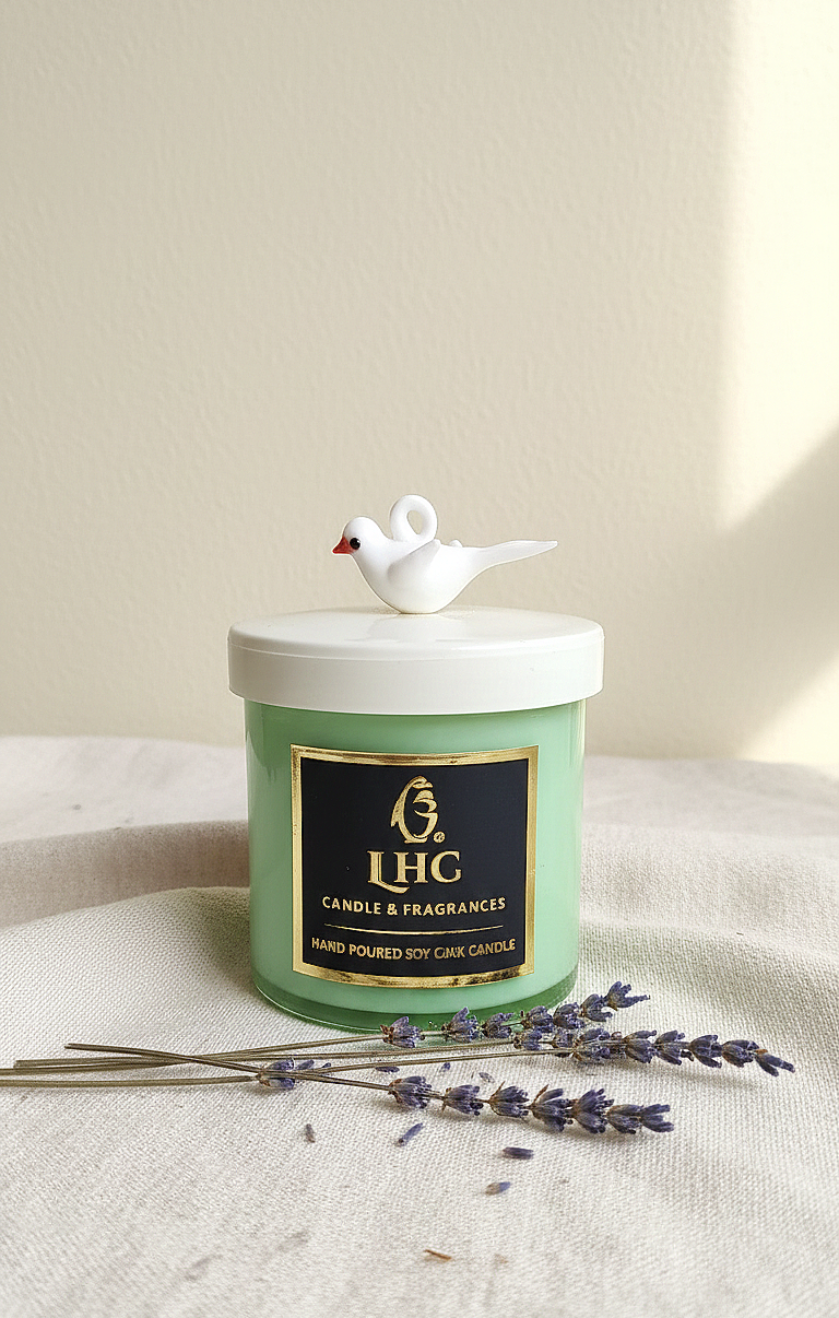 Modern Soy Wax Glass Candle With White Glass Lid Topped With White Bird [Mint Green]