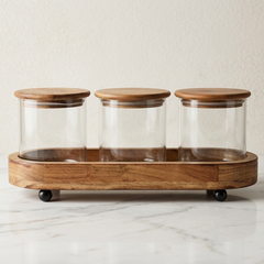 Premium 3-Piece  Glass Storage Canister Set with Airtight Acacia Wood Lids and Footed Serving Tray – Elegant Kitchen Countertop Spice, Snack, and Dry Food Organizer Canisters