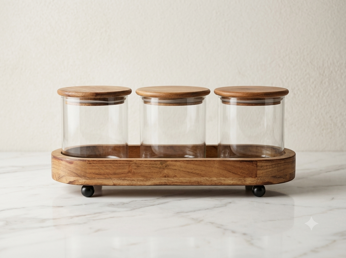 Premium 3-Piece  Glass Storage Canister Set with Airtight Acacia Wood Lids and Footed Serving Tray – Elegant Kitchen Countertop Spice, Snack, and Dry Food Organizer Canisters