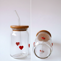 Heart Print Glass Tumbler with Wooden Lid & Straw