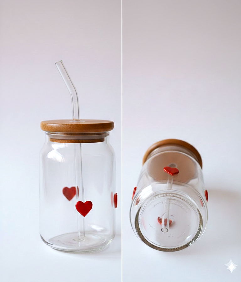 Heart Print Glass Tumbler with Wooden Lid & Straw