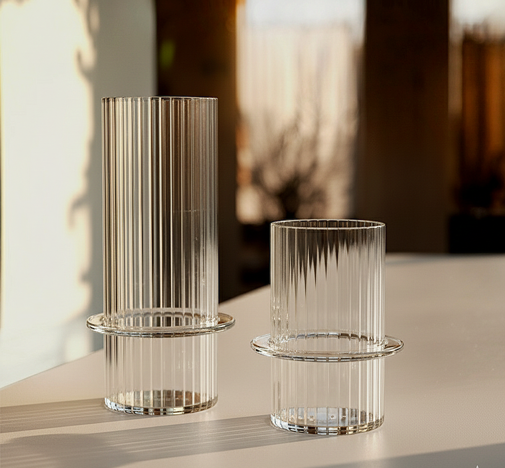 Crystal Ribbed Glass Candle Holders (Set of 2)