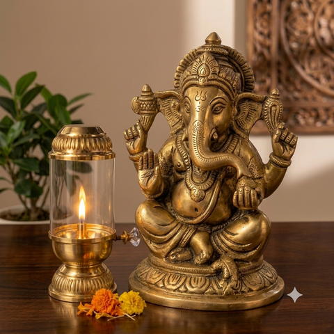 Premium Brass Akhand Diya with Glass Chimney and Adjustable Wick Knob