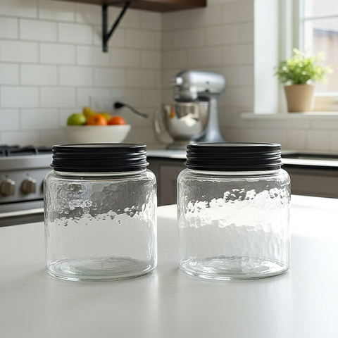 Minimal Hammered-Textured Glass Storage Jars With Airtight Black Metal Lid