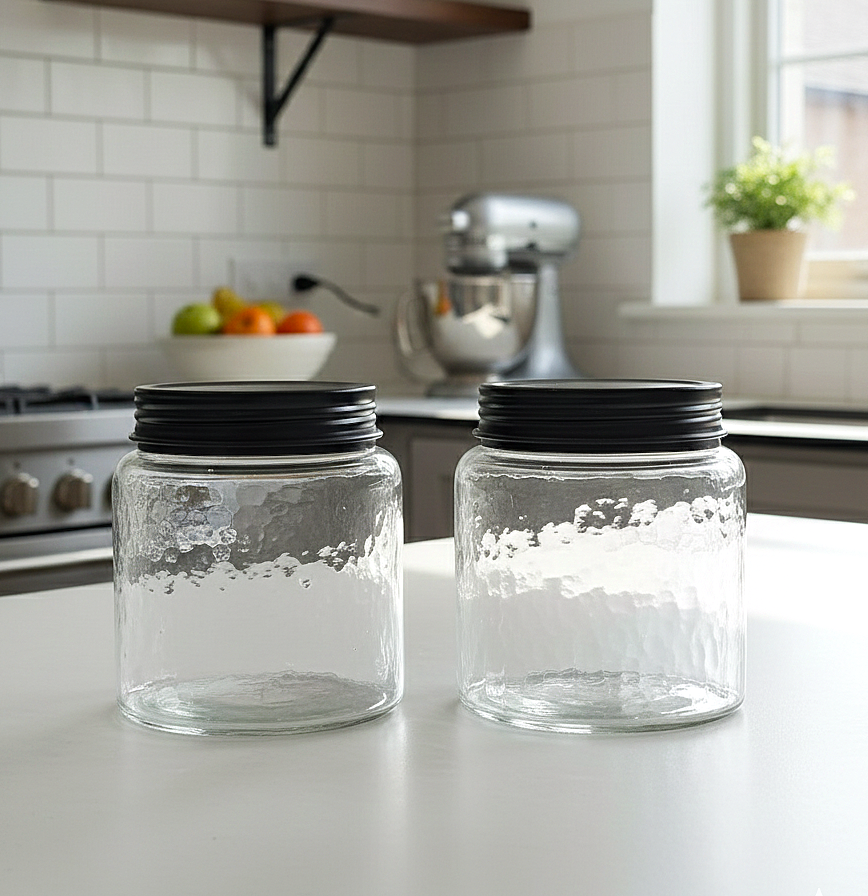 Minimal Hammered-Textured Glass Storage Jars With Airtight Black Metal Lid