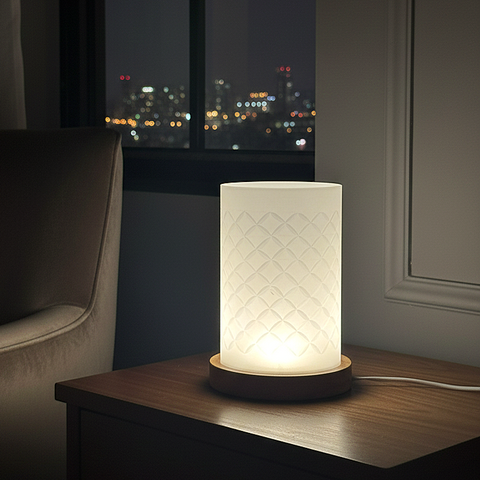 Textured White Frosted Table Lamp with Wooden Base