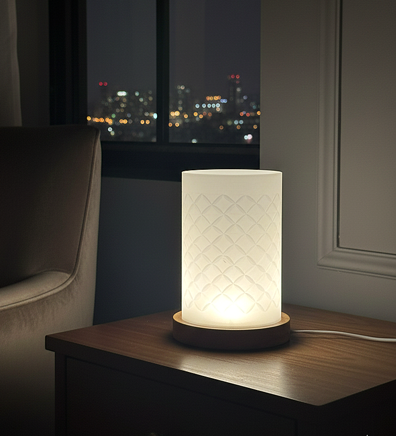 Textured White Frosted Table Lamp with Wooden Base