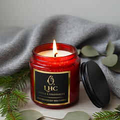 Luxury Golden Brush Stroke Patterned Soy Wax Candle With Black Metal Lid (RED)