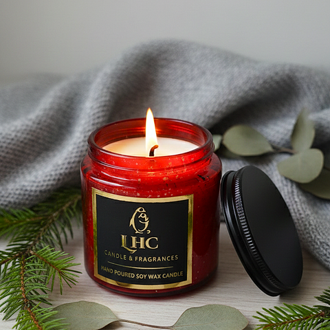 Luxury Golden Brush Stroke Patterned Soy Wax Candle With Black Metal Lid (RED)