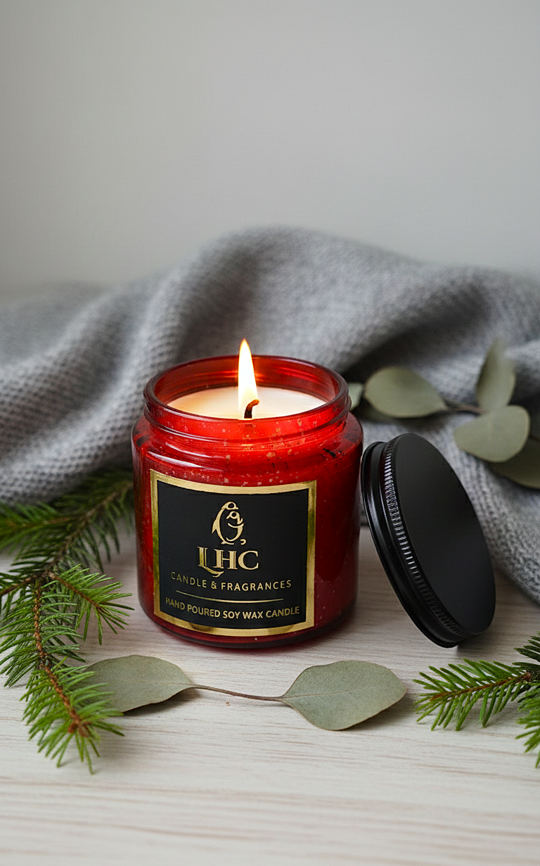 Luxury Golden Brush Stroke Patterned Soy Wax Candle With Black Metal Lid (RED)