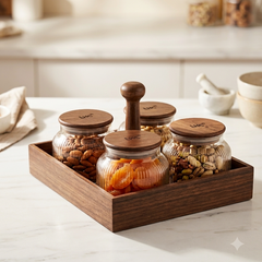 Premium 4-Piece Fluted Glass Jar Storage Set with Airtight Walnut Wood Lids & Serving Organizer Tray | Multi-Purpose  Glass Containers for Dry Fruits, Snacks, Spices & Dining Table Serving (Pack of 4)