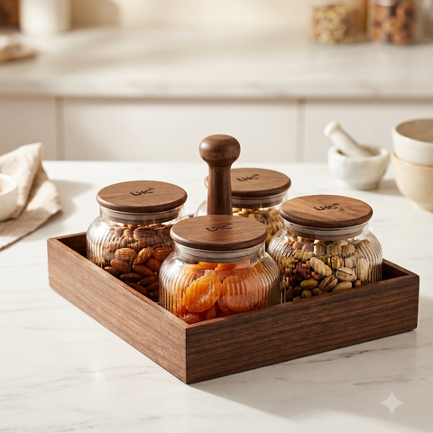 Premium 4-Piece Fluted Glass Jar Storage Set with Airtight Walnut Wood Lids & Serving Organizer Tray | Multi-Purpose  Glass Containers for Dry Fruits, Snacks, Spices & Dining Table Serving (Pack of 4)