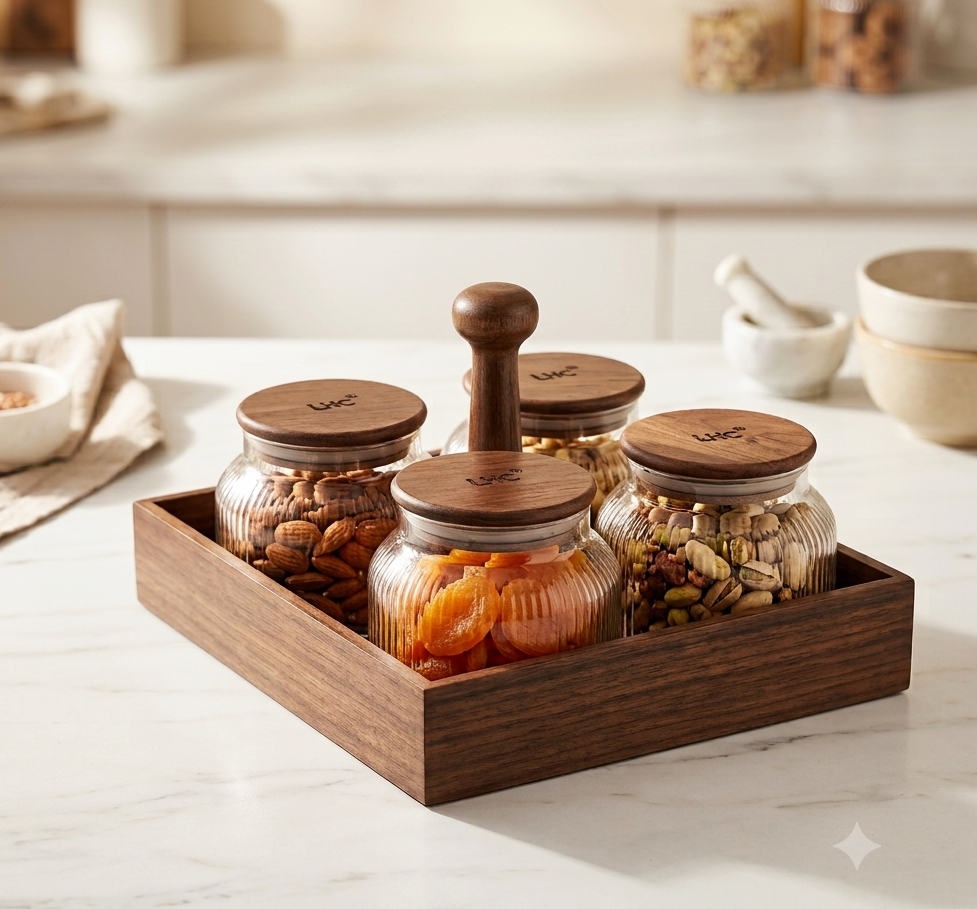 Premium 4-Piece Fluted Glass Jar Storage Set with Airtight Walnut Wood Lids & Serving Organizer Tray | Multi-Purpose  Glass Containers for Dry Fruits, Snacks, Spices & Dining Table Serving (Pack of 4)