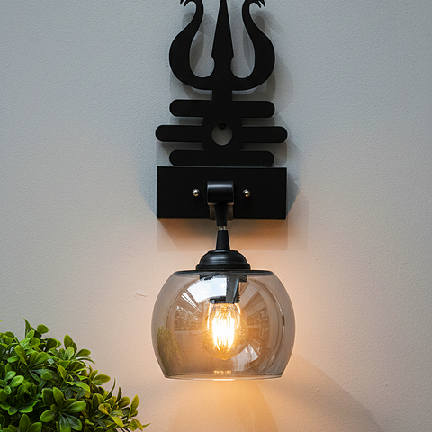 Trishul-Inspired Wall Sconce with Black Glass Shade – Matte Black Finish