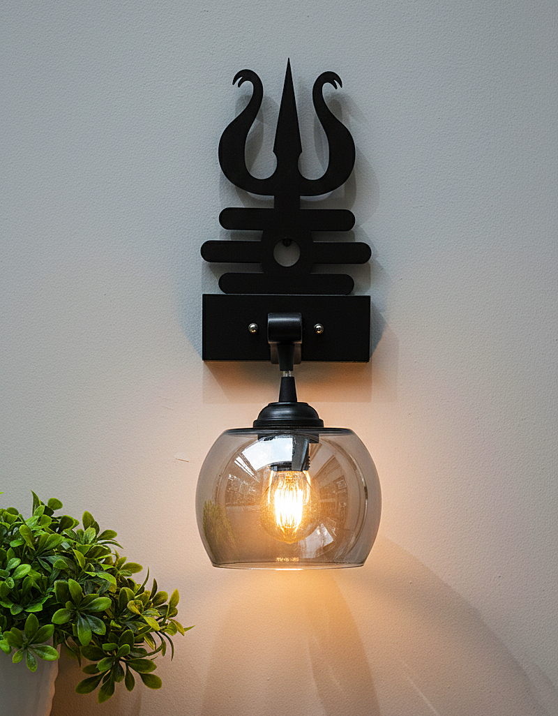 Trishul-Inspired Wall Sconce with Black Glass Shade – Matte Black Finish